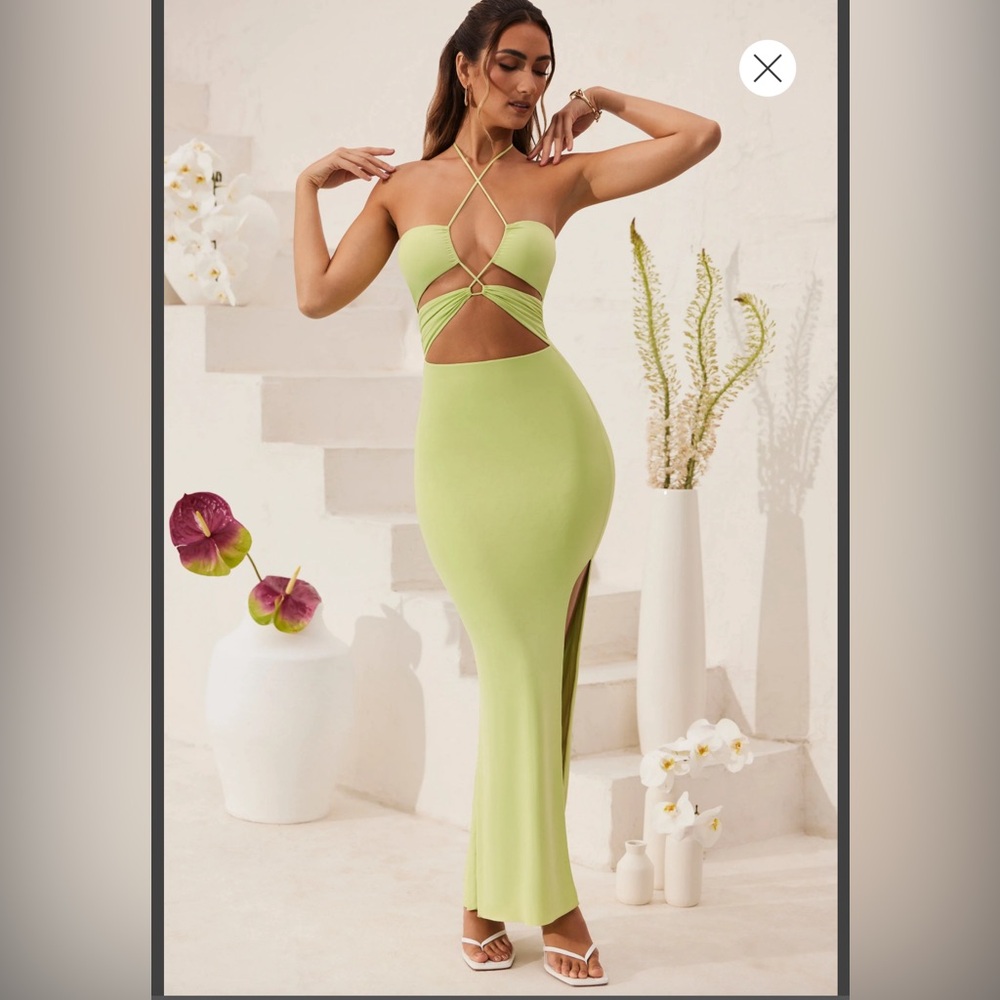 Oh Polly OCEANE Cut Out Halter Neck Floor Length Maxi Dress in Lime Green.